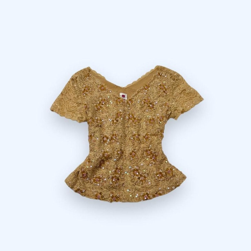 HEY Y2K Beaded Sequin Lace Floral Evening Top Gold Tan Medium 829-103